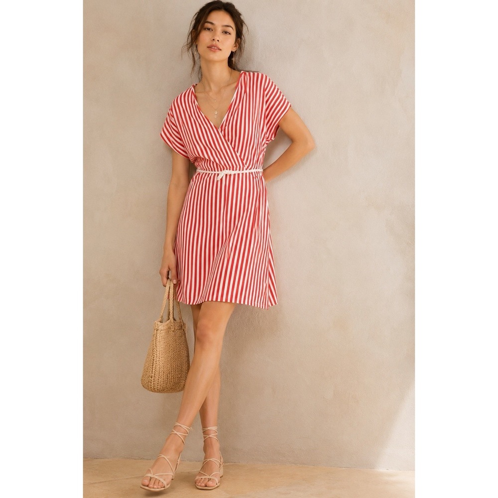 Anthropologie Saturday Sunday Red White Striped Wrap Dress Rope Tie Size S